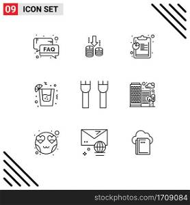 Pack of 9 creative Outlines of castle tower, castle, analysis, party, drink Editable Vector Design Elements