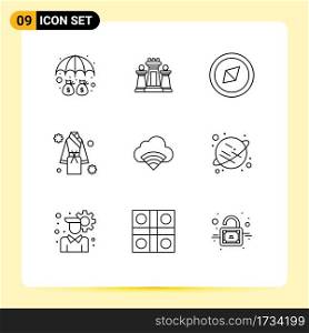 Pack of 9 creative Outlines of cloud, shower, technology, robe, bath Editable Vector Design Elements