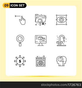 Pack of 9 creative Outlines of computer, magnifying, file, magnifier, eye Editable Vector Design Elements