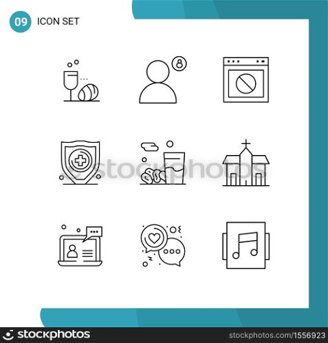 Pack of 9 creative Outlines of drink, protection, profile, insurance, web Editable Vector Design Elements
