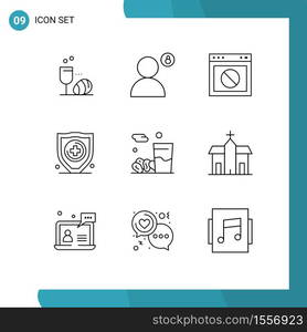 Pack of 9 creative Outlines of drink, protection, profile, insurance, web Editable Vector Design Elements