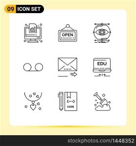 Pack of 9 creative Outlines of email, message, hotel, mail, monitoring Editable Vector Design Elements