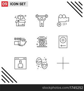 Pack of 9 creative Outlines of farming, agriculture, media, pulse, fitness Editable Vector Design Elements