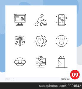 Pack of 9 creative Outlines of focus, seo, transport, search, phone Editable Vector Design Elements