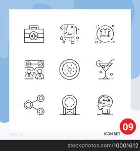 Pack of 9 creative Outlines of food, dessert, sale, team work, our Editable Vector Design Elements