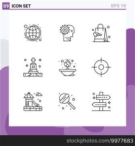 Pack of 9 creative Outlines of grave, death, mechanism, hand bag, father Editable Vector Design Elements