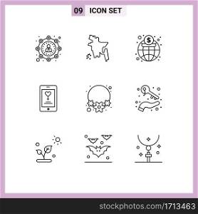 Pack of 9 creative Outlines of india, flower, global, lover, mobile Editable Vector Design Elements