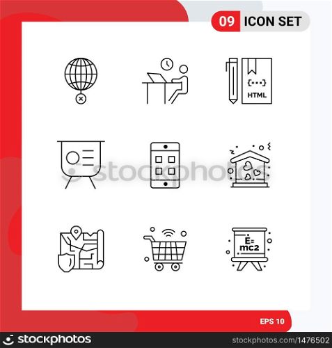 Pack of 9 creative Outlines of keynote, finance, person, html, develop Editable Vector Design Elements