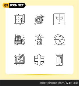Pack of 9 creative Outlines of light, delivery truck, goal, cyber monday, interior Editable Vector Design Elements