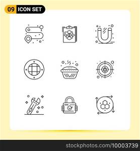 Pack of 9 creative Outlines of light, interior, work, tool, office Editable Vector Design Elements