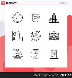 Pack of 9 creative Outlines of payment, market, bomb, invoice, political Editable Vector Design Elements