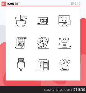 Pack of 9 creative Outlines of pot, dollar, briefcase, attachment, transfer Editable Vector Design Elements