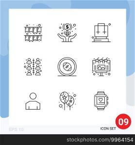 Pack of 9 creative Outlines of rugby ball, work, backpack, team, building Editable Vector Design Elements