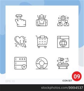 Pack of 9 creative Outlines of shopping cart, buy, team, heart, medical Editable Vector Design Elements