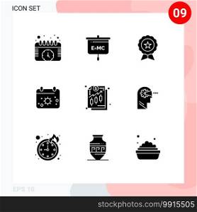 Pack of 9 creative Solid Glyphs of analysis, date, badge, calender, trusted Editable Vector Design Elements