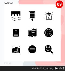 Pack of 9 creative Solid Glyphs of broadcasting, tv, toy, id, shopping Editable Vector Design Elements