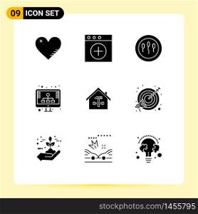 Pack of 9 creative Solid Glyphs of building, storage, cells, seo, diagram Editable Vector Design Elements