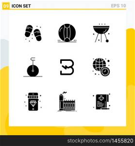 Pack of 9 creative Solid Glyphs of burst, monocycle, summer, circus, food Editable Vector Design Elements