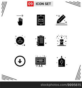 Pack of 9 creative Solid Glyphs of clipboard, down, compose, circle, stationery Editable Vector Design Elements