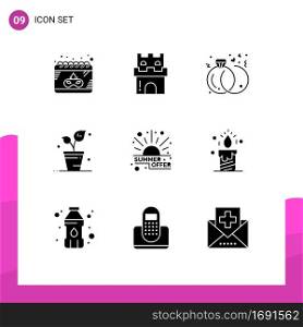 Pack of 9 creative Solid Glyphs of discount, spring, sandcastle, ecology, rings Editable Vector Design Elements
