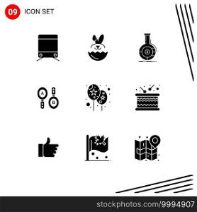 Pack of 9 creative Solid Glyphs of festival, balloon, banking, computing, search Editable Vector Design Elements