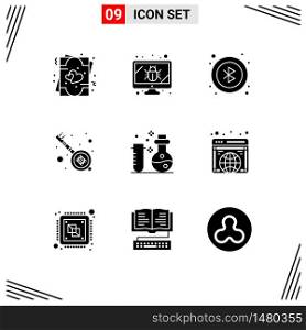Pack of 9 creative Solid Glyphs of laboratory, chemistry, bluetooth, party, music Editable Vector Design Elements