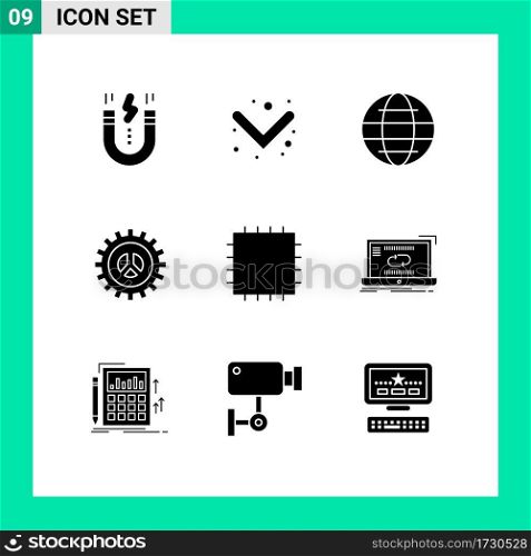 Pack of 9 creative Solid Glyphs of patch, web design, globe, settings, options Editable Vector Design Elements