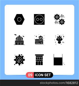 Pack of 9 creative Solid Glyphs of payment, pray, percent, moon, masjid Editable Vector Design Elements
