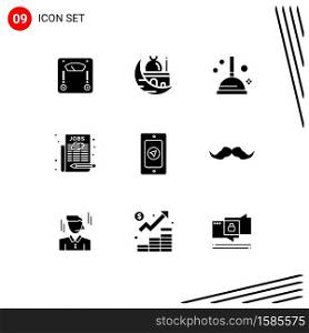 Pack of 9 creative Solid Glyphs of pin, select job, muslim, news paper, employment Editable Vector Design Elements