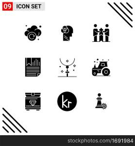 Pack of 9 creative Solid Glyphs of report, page, partners collaboration, data, partnership Editable Vector Design Elements