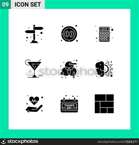 Pack of 9 creative Solid Glyphs of rgb, creative, finance, hotel, glasses Editable Vector Design Elements