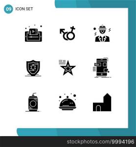Pack of 9 creative Solid Glyphs of star, protection, male, american, business Editable Vector Design Elements