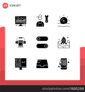Pack of 9 creative Solid Glyphs of switch, book, nature, headphone, music Editable Vector Design Elements