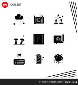 Pack of 9 creative Solid Glyphs of vehicles, sport, plan, sabre, heart love Editable Vector Design Elements