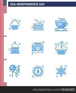 Pack of 9 creative USA Independence Day related Blues of calendar  usa  independence  statehouse  indiana Editable USA Day Vector Design Elements