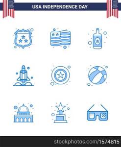Pack of 9 creative USA Independence Day related Blues of star; men; bottle; usa; spaceship Editable USA Day Vector Design Elements