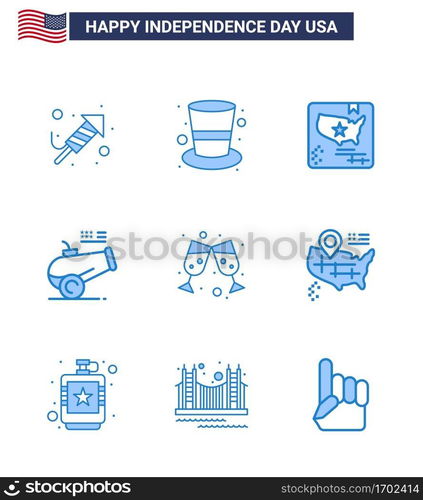 Pack of 9 creative USA Independence Day related Blues of wine; mortar; american; howitzer; big gun Editable USA Day Vector Design Elements