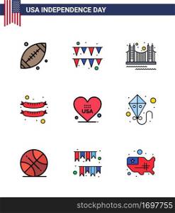 Pack of 9 creative USA Independence Day related Flat Filled Lines of love  sausage  gate  frankfurter  usa Editable USA Day Vector Design Elements