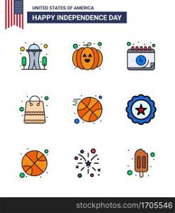 Pack of 9 creative USA Independence Day related Flat Filled Lines of sports  basketball  calendar  shop  money Editable USA Day Vector Design Elements
