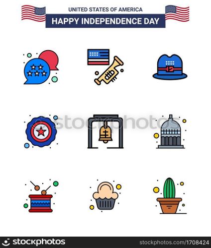 Pack of 9 creative USA Independence Day related Flat Filled Lines of church bell; bell; hat; alert; star Editable USA Day Vector Design Elements