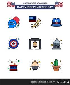 Pack of 9 creative USA Independence Day related Flat Filled Lines of church bell; bell; hat; alert; star Editable USA Day Vector Design Elements