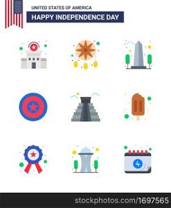 Pack of 9 creative USA Independence Day related Flats of building; independence day; landmark; independece; washington Editable USA Day Vector Design Elements