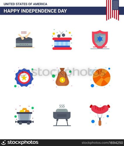 Pack of 9 creative USA Independence Day related Flats of cash; money; protection; dollar; badge Editable USA Day Vector Design Elements