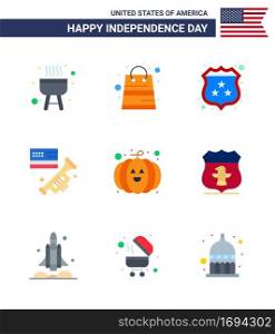 Pack of 9 creative USA Independence Day related Flats of festival  food  security  american  speaker Editable USA Day Vector Design Elements