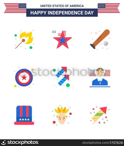 Pack of 9 creative USA Independence Day related Flats of fire; sign; ball; star; usa Editable USA Day Vector Design Elements