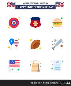 Pack of 9 creative USA Independence Day related Flats of sports  ball  fast food  america flag  day Editable USA Day Vector Design Elements