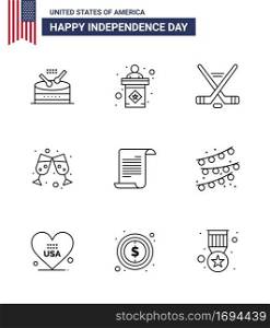 Pack of 9 creative USA Independence Day related Lines of american; file; hokey; wine glass; beer Editable USA Day Vector Design Elements