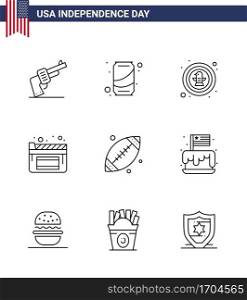 Pack of 9 creative USA Independence Day related Lines of footbal; film; american; movies; badge Editable USA Day Vector Design Elements