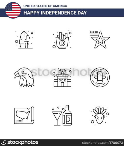 Pack of 9 creative USA Independence Day related Lines of police; usa; star; eagle; animal Editable USA Day Vector Design Elements