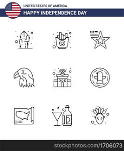Pack of 9 creative USA Independence Day related Lines of police; usa; star; eagle; animal Editable USA Day Vector Design Elements